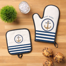 Set De Manoplas Nautical Boat Name,Retro Anchor Nave Blue Stried