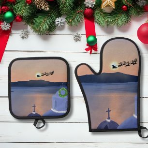 Set De Manoplas Navidad En Santorini, Grecia Con Santa