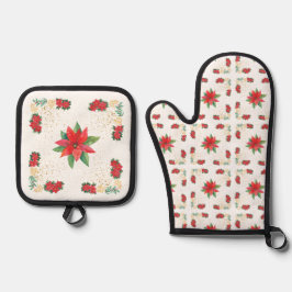 Set De Manoplas Navidad Poinsettia Roja y Dorada