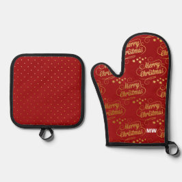 Set De Manoplas Navidad Roja y Dorada