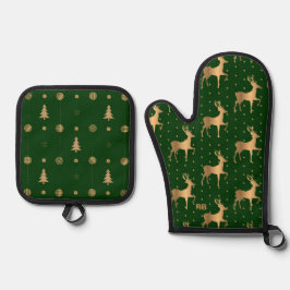 Set De Manoplas Navidad Verde y Dorada