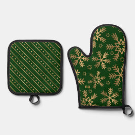 Set De Manoplas Navidad Verde y Dorada