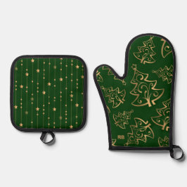 Set De Manoplas Navidad Verde y Dorada