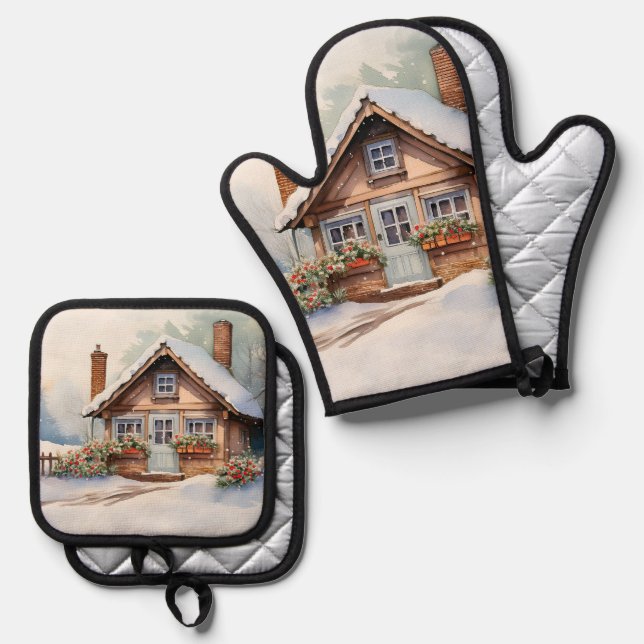 Set De Manoplas Navidades Cabina en un paisaje nevado (Anverso/Reverso)