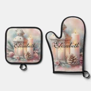 Set De Manoplas Navidades de color de agua de época Linterna y orn