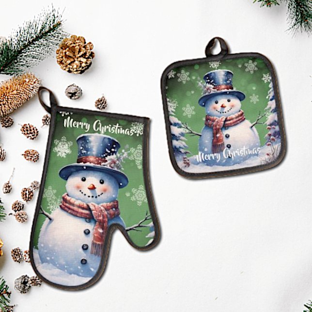 Set De Manoplas Navidades de Winter Forest Snowman | Green (Green Winter Forest Snowman Christmas Oven Mitt and Pot Holder Set)