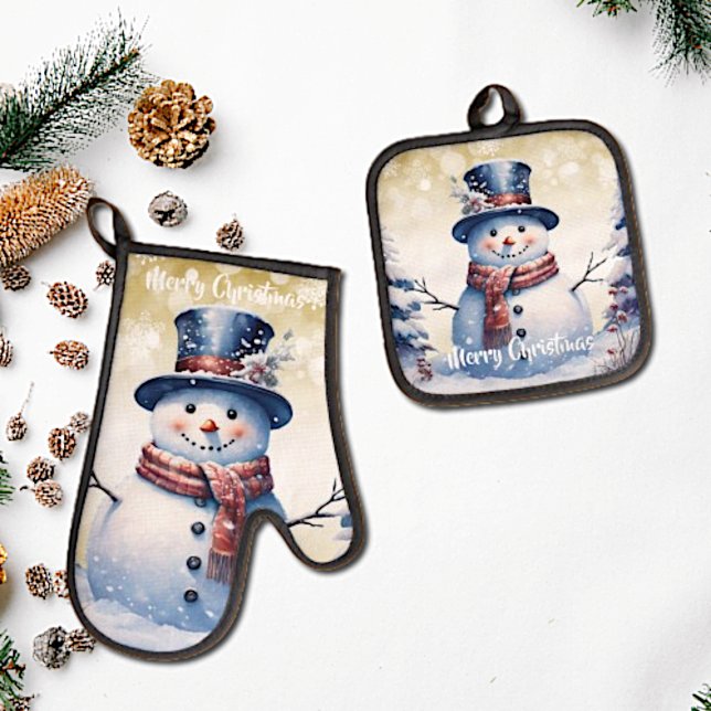 Set De Manoplas Navidades de Winter Forest Snowman | Oro (Gold Winter Forest Snowman Christmas Oven Mitt and Pot Holder Set)