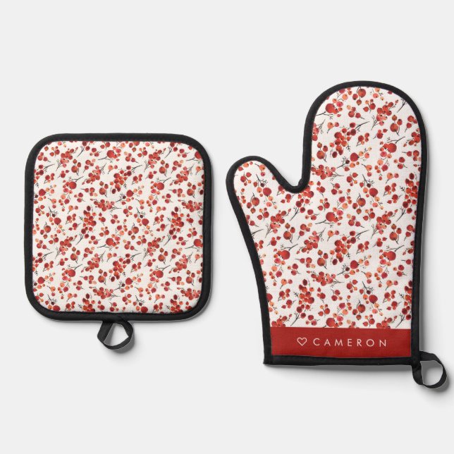 Set De Manoplas Navidades del patrón de Winterberry rojo acuarela (Anverso)