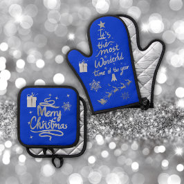Set De Manoplas Navidades merry y brillantes en plata y azul |