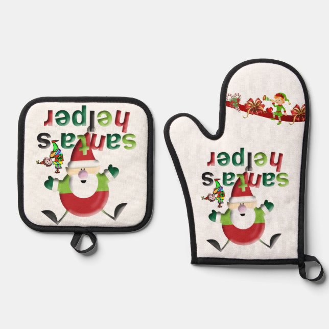 Set De Manoplas Navidades Santa & Elf Oven Mitt & Pot Holders (Anverso)