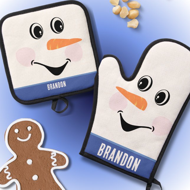 Set De Manoplas Navidades Snowman con cara feliz sonríe blanco azu (Subido por el creador)