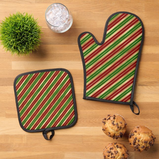 Set De Manoplas Navidades Stripes Red Green Gold (De arriba hacia abajo)