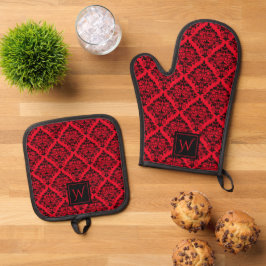 Set De Manoplas Negro Rojo Patrón Floral Damero Gótico Monogramado