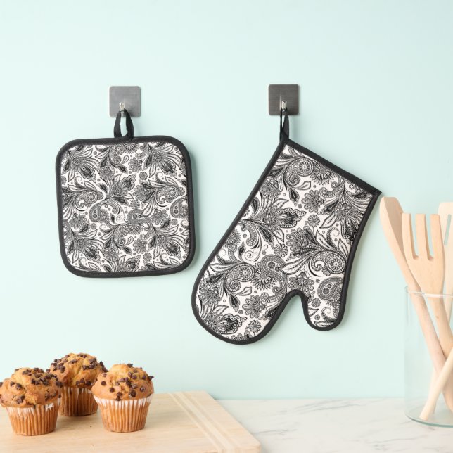 Set De Manoplas Negro y blanco paisley (Insitu (colgante))
