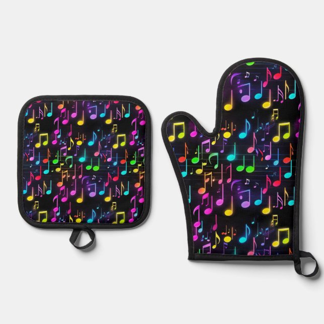 Set De Manoplas Neon Music Notes On Black (Anverso)