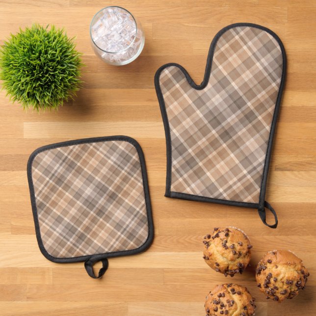 Set De Manoplas Neutral Beige Brown Tartan Plaid Gingham Pattern (De arriba hacia abajo)