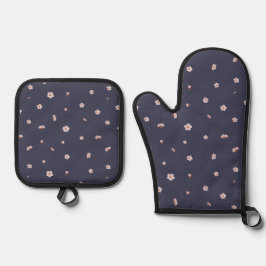 Set De Manoplas Nightfall Navy Japanese Cherry Blossom Floral Patt
