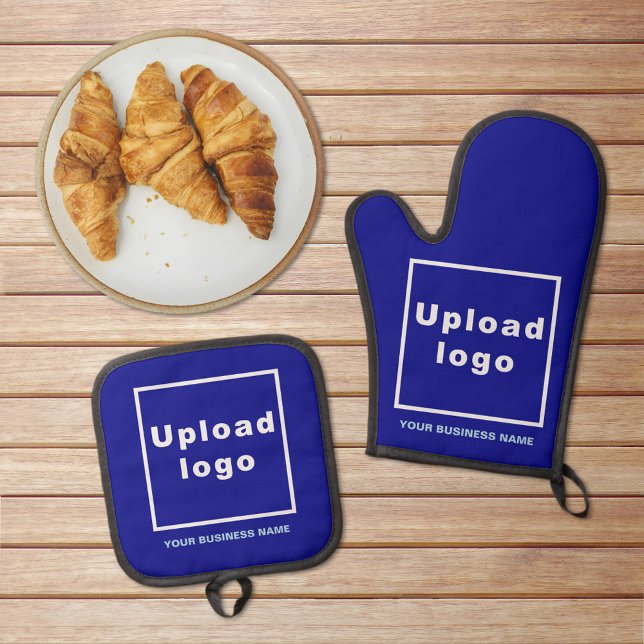 Set De Manoplas Nombre comercial y logotipo en azul (Business name and logo on blue oven mitt and pot holder set)