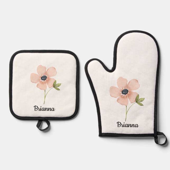 Set De Manoplas Nombre de Flor de Acuarela Rosada (Anverso)