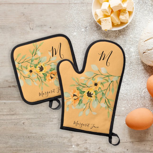 Set De Manoplas Nombre de monograma floral de cocina retro (Subido por el creador)