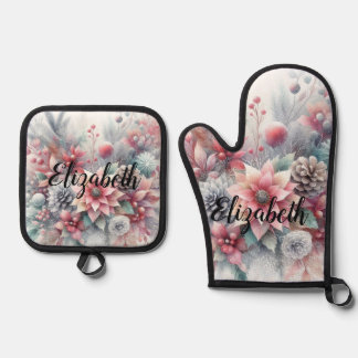 Set De Manoplas Nombre de monograma Navidad floral pastel acuarela