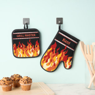 Set De Manoplas Nombre de patrón de parrilla negro con llamas