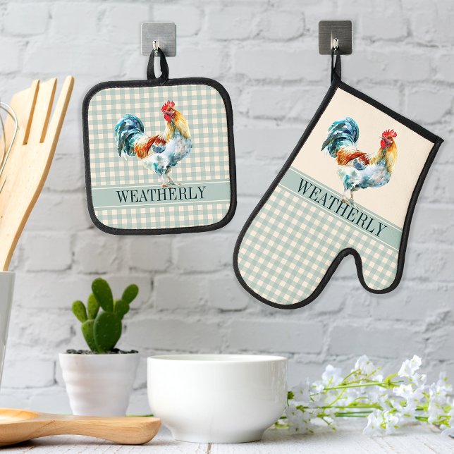 Set De Manoplas Nombre del gallo de comprobación de país rústico | (Rustic Country Checks Rooster Monogram or Name Oven Mitt and Pot Holder Set - Aqua | Teal | Mint)