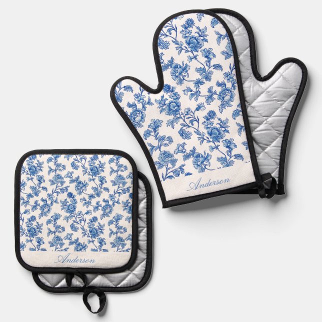 Set De Manoplas Nombre personalizado Chinoiserie azul y blanco (Anverso/Reverso)