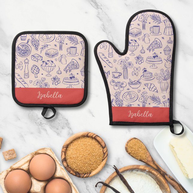 Set De Manoplas Nombre Personalizado Comida Linda Dibujada a Mano (In situ)