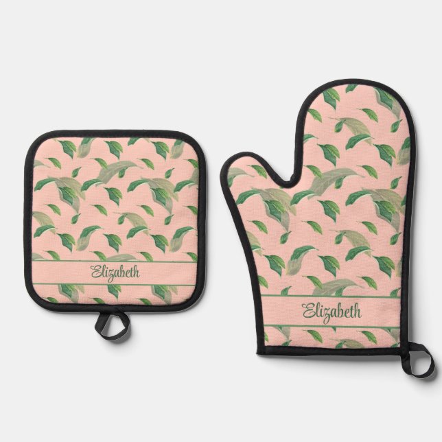 Set De Manoplas Nombre personalizado de hojas rosas y verdes (Anverso)