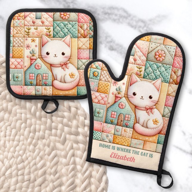 Set De Manoplas Nombre personalizado del paquete de trama de la ca (Cute Cat House Quilt Patchwork Pastel Custom Name Oven Mitt & Pot Holder Set)