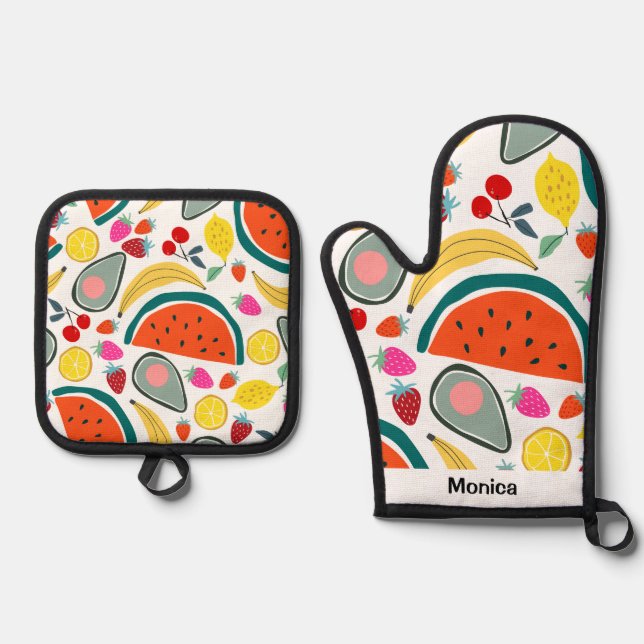 Set De Manoplas Nombre personalizado Fondo de frutas lindas (Anverso)