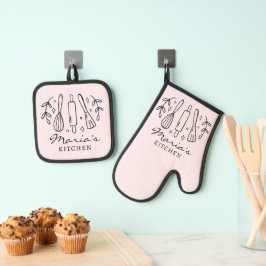 Set De Manoplas Nombre personalizado moderno Color rosa Negro Text