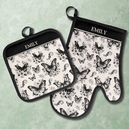 Set De Manoplas Nombre personalizado patrón de mariposa negro y bl