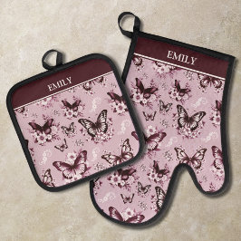 Set De Manoplas Nombre personalizado patrón mariposa rosa