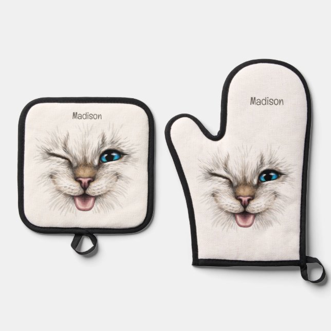 Set De Manoplas Nombre personalizado Winking Cat (Anverso)
