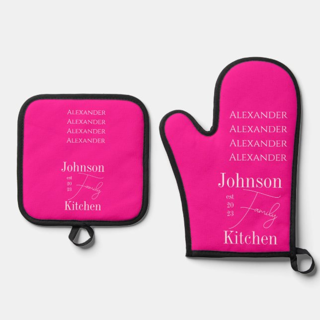 Set De Manoplas Nombres de familia personalizados rosa caliente (Anverso)