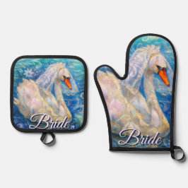 Set De Manoplas Novia cisne con velo en agua azul blanco personali