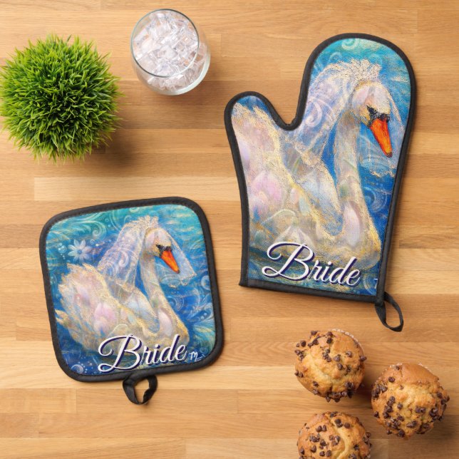 Set De Manoplas Novia cisne con velo en agua azul blanco personali (De arriba hacia abajo)