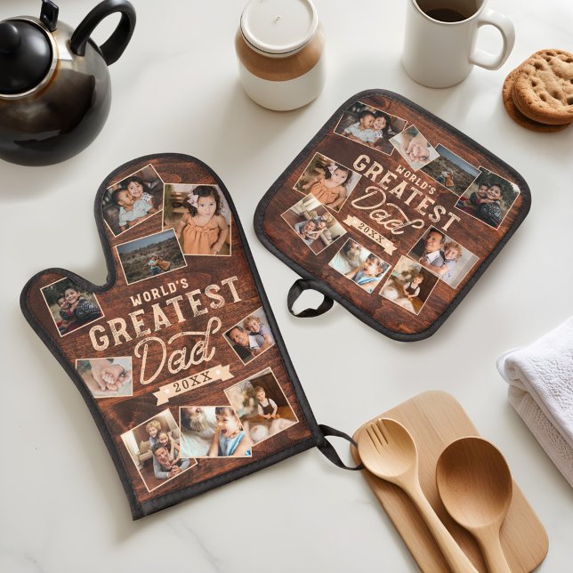 Set De Manoplas Nueve Collages de fotos de madera más grandiosos d (World's Greatest Dad Woodgrain Nine Photo Collage Oven Mitt & Pot Holder Set)