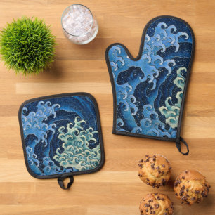 Set De Manoplas Océano vintage de ola femenina de Hokusai