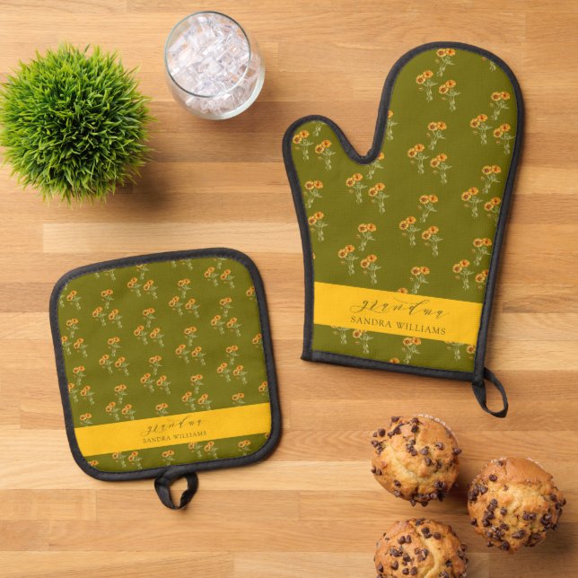 Set De Manoplas Olive Green grandma stylish floral pattern (De arriba hacia abajo)