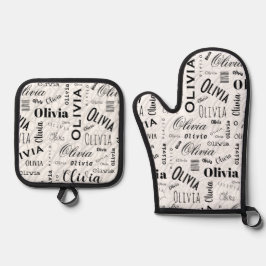 Set De Manoplas Olivia Nombre Personalizado Negro Blanco