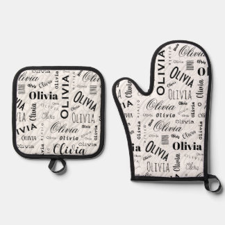 Set De Manoplas Olivia Nombre Personalizado Negro Blanco