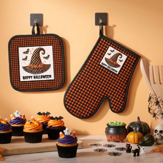 Set De Manoplas Orange & Black Gingham Halloween Witch Hat & Bats