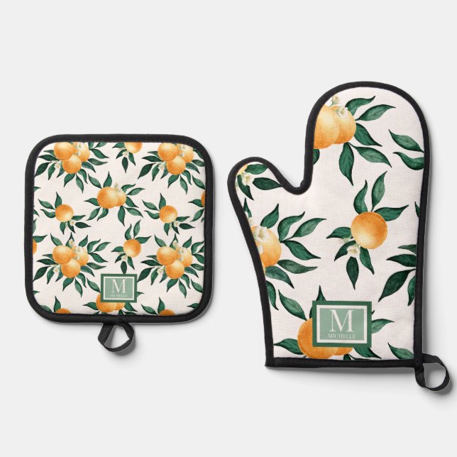 Set De Manoplas Orange Citrus Watercolor Monogram Name (Anverso)