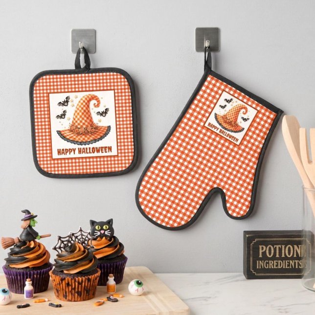 Set De Manoplas Orange Gingham Halloween Witch Hat and Bats (Subido por el creador)