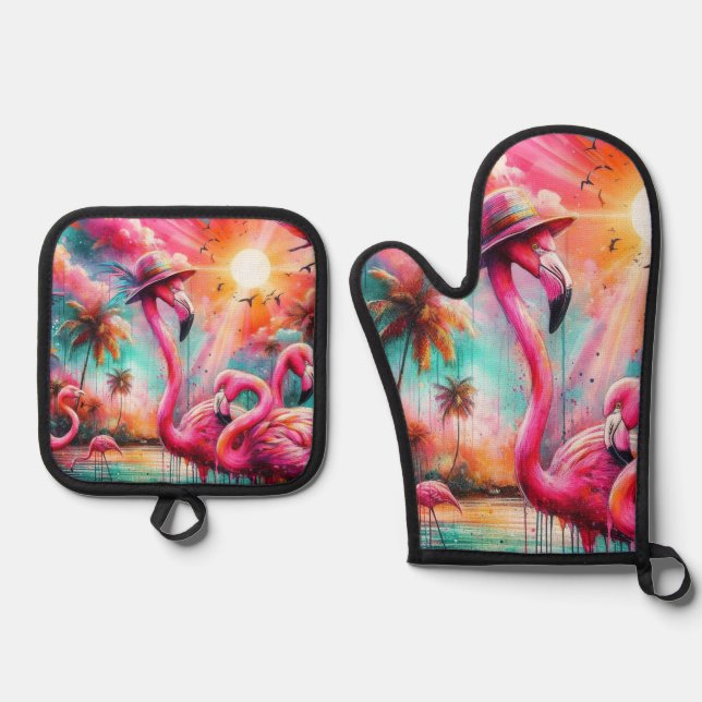 Set De Manoplas Organización de Palmeras de Flamingos Rosados Trop (Anverso)