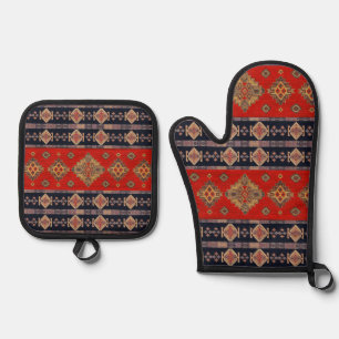 Set De Manoplas Oro de época antiguo Onyx Rojo Kilim Rug Turca