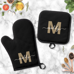 Set De Manoplas Oro Negro Monograma Nombre Moderno